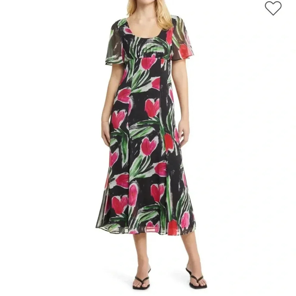 TopShop Floral Flutter Sleeve Dress-NWT Size 0 Black and Red
